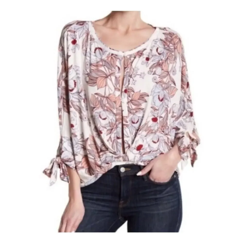 Free People Floral Print Tie Sleeve Slouch Blouse Lightweight Boho Pink White XS